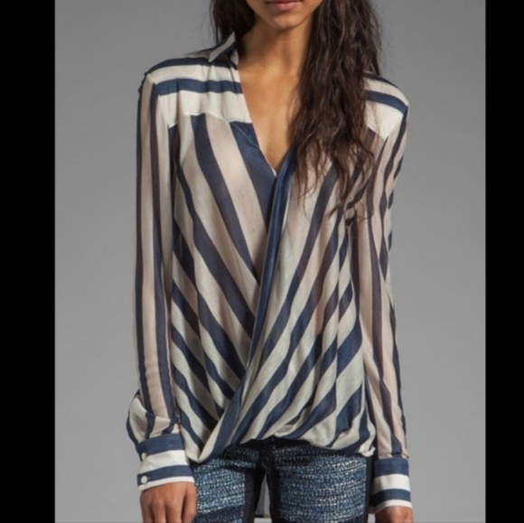 Derek LAM 10 CROSBY Draped Front Blouse in Midnight Stripe Size 2 - Picture 1 of 15